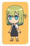  1girl black_dress blue_eyes blush_stickers breasts brown_footwear chibi closed_mouth commentary_request cropped_jacket dress full_body green_hair high_heels highres jacket muu_(mumumer) one_side_up orange_background original shoes short_sleeves small_breasts smile solo standing two-tone_background white_background white_jacket yunomiya_agari 