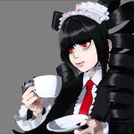  1girl bags_under_eyes bangs black_hair black_nails black_shirt celestia_ludenberg claw_ring collared_shirt commentary cup danganronpa:_trigger_happy_havoc danganronpa_(series) drill_hair drink earrings english_commentary frilled_hairband frilled_sleeves frills gothic_lolita grey_background hairband hands_up holding holding_cup holding_drink holding_saucer jewelry lips lolita_fashion long_hair long_sleeves nail_polish necktie pale_skin parted_lips red_eyes red_necktie saucer shiny shiny_hair shirt sidelocks simple_background solo teacup twin_drills twintails upper_body zippppiz 