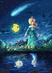  1girl absurdres aged_down blonde_hair blue_dress blue_eyes comet crown different_reflection dress flower highres letamarindlover looking_at_another luma_(mario) night night_sky reflection rosalina shooting_star sky smile star_(sky) starry_sky super_mario_bros. super_mario_galaxy time_paradox wand 