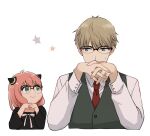  anya_(spy_x_family) bangs blonde_hair blue_eyes child closed_mouth father_and_daughter female_child glasses green_eyes hairpods kinof long_sleeves medium_hair necktie own_hands_clasped own_hands_together pink_hair sleeves_past_elbows smile spy_x_family star_(symbol) sweatdrop twilight_(spy_x_family) vest 