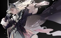  1girl arknights belt black_background black_gloves black_jacket bokyo capelet cowboy_shot dual_wielding earrings gloves grey_eyes grey_hair gun head_wings highres holding holding_gun holding_sword holding_weapon irene_(arknights) jacket jewelry long_hair long_sleeves outstretched_arm parted_lips pink_skirt print_skirt profile puffy_long_sleeves puffy_sleeves scar scar_across_eye scar_on_face simple_background skirt solo sword weapon white_capelet white_skirt 