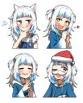  +_+ 1girl ;d =_= animal_costume animal_ear_fluff animal_ears bangs blue_eyes blue_hair blue_hoodie blue_nails blue_overalls blunt_bangs blush cat_ears ddolbang drawstring english_text fake_facial_hair fake_mustache fingernails gawr_gura hair_cubes hair_ornament hand_on_own_chin hand_up hands_up hat heart highres hololive hololive_english hood hoodie long_sleeves looking_to_the_side medium_hair multicolored_hair multiple_views nail_polish one_eye_closed overalls own_hands_together santa_hat shark_costume shark_girl shark_hair_ornament shirt sidelocks simple_background smile streaked_hair stroking_own_chin two-tone_hair two_side_up upper_body virtual_youtuber white_background white_hair white_hood white_shirt wide_sleeves 