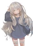  1girl :o arm_up bandaged_leg bandages bangs black_shirt choker colored_eyelashes commentary_request dokomon girls_frontline grey_hair hair_between_eyes head_tilt highres korean_commentary long_hair long_sleeves parted_lips puffy_long_sleeves puffy_sleeves ribeyrolles_(girls&#039;_frontline) shirt simple_background sleeves_past_wrists solo very_long_hair white_background white_choker 