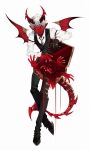  1boy ambiguous_red_liquid animal_feet arm_strap ascot black_ascot black_gloves black_horns black_pants black_sclera black_vest briefcase chinese_commentary claws collared_shirt colored_sclera colored_skin demon_boy demon_horns demon_tail demon_wings ear_piercing earrings extra_eyes full_body gloves half_gloves highres holding holding_briefcase hooves horns jewelry long_sleeves looking_at_viewer male_focus multicolored_horns open_mouth original pants piercing pointy_ears red_horns red_skin red_tail red_wings shirt short_hair simple_background slit_pupils solo somalia standing tail vest white_background white_hair white_shirt wings yellow_eyes 