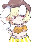  1girl animal_ears blonde_hair blush_stickers brown_headwear cabbie_hat closed_mouth dango floppy_ears food fried_rice0614 hat highres holding one-hour_drawing_challenge orange_shirt rabbit_ears red_eyes ringo_(touhou) shirt short_hair short_sleeves shorts simple_background solo striped striped_shorts touhou vertical-striped_shorts vertical_stripes wagashi white_background yellow_shirt 
