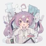  1girl @_@ absurdres ahoge badge bangs breasts cardiogram coat hair_ornament hairclip highres intravenous_drip labcoat long_hair long_sleeves medium_breasts nep_(nep_76) open_mouth original pill purple_hair smile solo syringe twintails upper_body violet_eyes white_coat 
