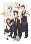  1girl 3boys ;d adachi_tooru apron arm_hair ascot black_hair black_skirt black_vest brown_eyes brown_hair doujima_nanako doujima_ryoutarou drink facial_hair food grey_eyes grey_hair heart highres holding holding_mop holding_plate holding_tray kuki_tan mop multiple_boys narukami_yuu noodles one_eye_closed parfait persona persona_4 plate pocket rolled_up_newspaper shirt short_twintails skirt smile standing striped striped_background stubble sweatdrop tray twintails vertical_stripes vest waiter white_ascot white_shirt 