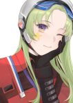  1girl bangs black_gloves blue_eyes chilli_646 closed_mouth elbow_gloves eyewear_on_head facial_mark fp-6_(girls&#039;_frontline) fp-6_(satellite_of_love)_(girls&#039;_frontline) girls_frontline gloves green_hair hand_on_own_chin helmet highres long_hair long_sleeves looking_at_viewer motorcycle_helmet multicolored_eyes official_alternate_costume one_eye_closed orange_eyes polo_shirt red_shirt safety_glasses shirt smile solo star_(symbol) star_facial_mark star_tattoo tattoo upper_body white_background white_helmet 