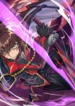  &gt;:) 1boy black_gloves black_jacket black_pants brown_hair character_request code_geass code_geass:_genesic_re;code gloves green_eyes highres holding holding_sword holding_weapon incoming_attack jacket katana looking_at_viewer male_focus pants scar scar_on_face short_hair solo sword togisuaka v-shaped_eyebrows weapon 