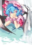  1girl arm_support bat_wings blue_hair bow closed_mouth commentary hair_between_eyes hands_on_own_chin hat head_rest legomaru looking_at_viewer medium_hair mob_cap pink_headwear pink_shirt pointy_ears puffy_short_sleeves puffy_sleeves red_bow red_eyes remilia_scarlet shirt short_sleeves smile solo touhou upper_body wings wrist_cuffs 