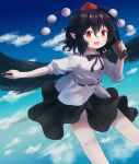  1girl absurdres ar_(maeus) bangs black_hair black_ribbon black_skirt black_wings blue_sky clouds commentary feathered_wings feet_out_of_frame flying highres holding holding_notebook holding_pen legs_apart looking_at_viewer medium_hair notebook open_mouth pen pom_pom_(clothes) red_eyes red_headwear ribbon shameimaru_aya shirt short_sleeves skirt sky solo touhou white_shirt wings 