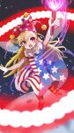  1girl american_flag_dress american_flag_pants arms_up bangs black_sky blonde_hair blush clownpiece commentary_request danmaku dress earth_(planet) fairy_wings fire hair_between_eyes hands_up hat highres holding holding_torch jester_cap leg_up legacy_of_lunatic_kingdom long_hair looking_up moon neck_ruff nicoseiga121186621 night night_sky no_shoes open_mouth pants pink_eyes pink_fire pink_headwear planet polka_dot short_sleeves sky smile solo space standing standing_on_one_leg star_(sky) star_(symbol) star_print starry_sky striped striped_dress striped_pants torch touhou transparent_wings v-shaped_eyebrows wings 