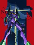  absurdres artofwill building cable city cross eva_01 evangelion_(mecha) from_below highres holding holding_knife holding_weapon horns knife looking_up mecha neon_genesis_evangelion nerv night no_humans open_hand robot science_fiction single_horn solo standing weapon yellow_eyes 