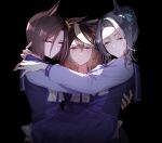  3girls air_groove_(umamusume) animal_ears arm_around_shoulder bangs black_background brown_hair closed_mouth grey_eyes hair_bun hand_on_another&#039;s_back horse_ears long_hair long_sleeves looking_at_viewer mejiro_ramonu_(umamusume) mole mole_under_eye multicolored_hair multiple_girls pink_eyes purple_shirt purple_skirt romi_(346_ura) sailor_collar school_uniform shirt short_hair simple_background sitting sitting_on_lap sitting_on_person skirt smile streaked_hair symboli_rudolf_(umamusume) tracen_school_uniform umamusume v-shaped_eyebrows 