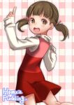  1girl :d artist_name blush brown_eyes brown_hair child doujima_nanako dress hair_ribbon hands_up highres index_finger_raised looking_at_viewer persona persona_4 pink_background pink_dress plaid plaid_background puddinghomhom red_dress ribbon shirt short_twintails smile solo standing twintails white_background white_shirt 