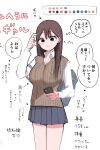  1girl bag black_eyes breasts brown_hair color_guide earrings highres jewelry large_breasts original pleated_skirt reference_sheet school_bag school_uniform simple_background skirt solo sweater_vest translation_request white_background zurikishi 