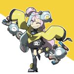  1girl ;) arms_up bare_shoulders black_coat blacknirrow blue_eyes blue_hair braid coat full_body grey_footwear grey_pantyhose high_heels iono_(pokemon) leg_up light_blue_hair long_hair long_sleeves low-tied_long_hair magnemite multicolored_eyes one_eye_closed pantyhose pink_eyes pink_hair pokemon pokemon_(creature) pokemon_(game) pokemon_sv sharp_teeth single_leg_pantyhose sleeves_past_fingers sleeves_past_wrists smile standing standing_on_one_leg star_(symbol) teeth thigh_strap two-tone_coat yellow_coat yellow_eyes 