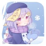  1girl alternate_costume bangs blurry coat coin_hair_ornament commentary_request depth_of_field genshin_impact hair_between_eyes hair_ornament hat ice_crystal jiangshi kagamine_ran long_hair long_sleeves looking_at_viewer low_ponytail mittens ofuda plaid plaid_scarf purple_hair purple_scarf qiqi_(genshin_impact) scarf sidelocks simple_background snowing snowman solo violet_eyes visible_air winter_clothes winter_coat 