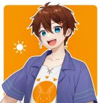  1boy :d bangs blue_eyes blue_shirt brown_hair collarbone collared_shirt commission copyright_request cross cross_earrings dress_shirt earrings hair_between_eyes hair_ornament hairclip highres jewelry latin_cross looking_at_viewer male_focus open_clothes open_shirt orange_background outline rabbit_hair_ornament sakura_chiyo_(konachi000) shirt short_sleeves smile solo sun_symbol teeth two-tone_background upper_body upper_teeth virtual_youtuber white_background white_outline white_shirt 