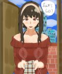  1girl bangs black_hair door eddarxart english_text hairband highres looking_at_viewer necktie parted_lips red_eyes ribbed_sweater solo speech_bubble spy_x_family sweater yor_briar 