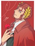  1boy blue_eyes border claude_(housamo) coat commentary_request facial_hair flower formal goatee hand_on_own_chest heart highres hio_tksr05 holding holding_flower laurel_crown long_sideburns looking_at_viewer male_focus mature_male muscular muscular_male necktie outside_border parted_lips red_background red_coat red_flower red_necktie red_rose redhead rose short_hair sideburns signature smile solo thick_eyebrows tokyo_afterschool_summoners upper_body white_border 