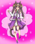  1girl :d animal_ears black_hair blush brown_eyes detached_sleeves dress floral_background full_body high_heels horse_ears horse_girl horse_tail long_hair long_sleeves looking_at_viewer multicolored_hair oshiruko_(uminekotei) purple_dress purple_footwear shoes sidelocks sleeveless sleeveless_dress smile solo standing standing_on_one_leg tail twintails two-tone_hair umamusume very_long_hair white_hair white_sleeves yamanin_zephyr_(umamusume) 