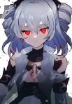  1girl bangs bronya_zaychik commentary_request drill_hair grey_hair hair_between_eyes highres honkai_(series) honkai_impact_3rd looking_at_viewer parted_lips red_eyes see-through simple_background solo tare_(tonikaku_magaru) twin_drills twitter_username upper_body white_background 