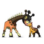  black_horns blacknirrow brown_horns closed_eyes closed_mouth english_commentary farigiraf girafarig hooves horns multiple_horns no_humans nuzzle pokemon pokemon_(creature) simple_background smile white_background white_horns 