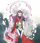  1girl animification blue_bodysuit bodysuit breasts cape comic_cover cover_image energy_sword floating_hair flower gloves highres holding holding_sword holding_weapon long_hair looking_at_viewer marvel medium_breasts multicolored_bodysuit multicolored_clothes official_art peach_momoko psylocke purple_hair red_cape solo straight-on sword weapon white_bodysuit white_flower white_gloves x-men 
