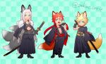  3boys alternate_costume animal_ears aqua_eyes arm_ribbon armor bangs belt black_footwear black_hakama black_kimono blonde_hair boots checkered_background chibi facial_mark fang final_fantasy final_fantasy_vii final_fantasy_vii_advent_children fox_boy fox_ears full_body fur_trim green_background green_eyes grey_hair hair_between_eyes hakama highres holding holding_sword holding_weapon japanese_clothes katana kemonomimi_mode kimono long_hair long_sleeves looking_at_viewer low_ponytail male_focus masamune_(ff7) multiple_boys multiple_tails open_clothes open_kimono open_mouth over_shoulder parted_bangs pink_ribbon redhead ribbon rukashio short_hair short_hair_with_long_locks shoulder_armor single_sleeve smile spiky_hair standing sword tail toned toned_male tongue tongue_out twitter_username v-shaped_eyebrows weapon weapon_over_shoulder 