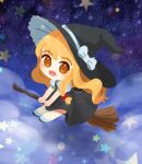  1girl :d black_dress blonde_hair blush bow braid broom broom_riding chibi clouds dress full_body hair_ribbon hat highres kirisame_marisa long_hair looking_at_viewer red_bow ribbon rlimme side_braid sky smile solo star_(sky) star_(symbol) starry_sky touhou tress_ribbon witch_hat 