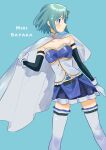  1girl bare_shoulders belt blue_background blue_belt blue_eyes blue_hair blue_skirt cape character_name closed_mouth commentary elbow_gloves gloves hair_ornament highres holding holding_cape holding_clothes looking_to_the_side mahou_shoujo_madoka_magica miki_sayaka musical_note musical_note_hair_ornament short_hair simple_background skirt solo thigh-highs white_cape white_gloves white_thighhighs yooki_(winter_cakes) zettai_ryouiki 