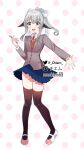  1girl absurdres bangs black_thighhighs black_wings blazer bow buttons chiem chiem_(vtuber) cosplay doki_doki_literature_club full_body grey_eyes highres indie_virtual_youtuber jacket long_sleeves looking_at_viewer monika_(doki_doki_literature_club) monika_(doki_doki_literature_club)_(cosplay) open_mouth over-kneehighs pleated_skirt polka_dot ponytail school_uniform skirt solo thigh-highs virtual_youtuber white_bow wings 