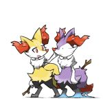  alternate_color blacknirrow braixen closed_mouth d: digitigrade ditto frown furry holding holding_stick looking_at_another orange_eyes pokemon pokemon_(creature) shiny_pokemon simple_background slime_(substance) snout standing stick transformed_ditto white_background 