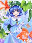  1girl :d air_bubble blue_eyes blue_hair breasts bubble cabbie_hat cowboy_shot cucumber fish goldfish hand_on_hip hat hell_likeheaven highres kawashiro_nitori key leaf long_sleeves looking_at_viewer open_mouth small_breasts smile touhou two_side_up underwater v-shaped_eyebrows water_drop 