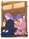  2girls alternate_hairstyle bangs barefoot black_sweater blue_pants blush braiding_hair closed_mouth collarbone commentary_request cushion fate/stay_night fate_(series) glasses hairdressing hal_(haaaalhal) heaven&#039;s_feel highres indoors jacket long_hair long_sleeves matou_sakura medusa_(fate) medusa_(rider)_(fate) multiple_girls pants pink_eyes pink_hair pink_jacket purple_hair seiza shirt short_hair short_ponytail signature sitting skirt smile socks sweater turtleneck turtleneck_sweater very_short_hair violet_eyes white_shirt white_socks yellow_skirt zabuton 