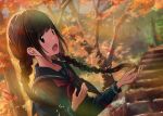  1girl autumn autumn_leaves bangs black_hair black_sailor_collar black_shirt braid brown_eyes commentary_request day hair_ribbon kazuharu_kina lens_flare long_hair long_sleeves looking_at_viewer open_mouth original outdoors palms ribbon sailor_collar school_uniform serafuku shirt smile solo teeth trail tree twin_braids uniform upper_body upper_teeth 