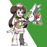  1girl :d ascot blacknirrow blue_eyes boots bright_pupils brown_hair buttons double_bun double_horizontal_stripe flower hair_bun hat high_heel_boots high_heels legs_apart long_hair mini_hat miniskirt open_mouth petting pleated_skirt pokemon pokemon_(creature) pokemon_(game) pokemon_masters_ex puffy_short_sleeves puffy_sleeves red_flower rosa_(pokemon) rosa_(special_costume)_(pokemon) shaymin shaymin_(sky) short_sleeves skirt smile standing star_(symbol) twintails white_ascot white_footwear white_pupils white_skirt wrist_cuffs 