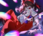  1girl ascot blue_ascot bow brown_hair chest_sarashi closed_mouth detached_sleeves dress full_moon gohei hair_bow hair_tubes hakurei_reimu highres holding legacy_of_lunatic_kingdom looking_at_viewer mizoreshi moon pale_skin red_bow red_dress red_eyes sarashi short_hair short_hair_with_long_locks sidelocks sky smirk solo space star_(sky) starry_sky touhou 