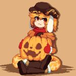  1girl :3 black_headwear blonde_hair cabbie_hat closed_mouth commentary floppy_ears full_body hat jack-o&#039;-lantern looking_at_viewer orange_background pixel_art red_eyes red_scarf ringo_(touhou) rioku scarf short_hair simple_background sitting smile solo symbol-only_commentary touhou 