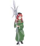  1girl absurdres alternate_costume black_footwear blue_eyes boots braid chinese_clothes highres holding holding_polearm holding_weapon hong_meiling long_hair polearm radragrad redhead spear touhou twin_braids weapon 