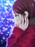  1girl blurry blurry_background blush brown_hair closed_mouth coat dorothea_arnault fire_emblem fire_emblem:_three_houses green_eyes highres kh_(tanakananataka) long_hair long_sleeves nail_polish pink_nails profile red_coat shiny shiny_hair smile solo twitter_username upper_body winter_clothes winter_coat 