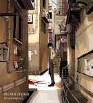  1boy air_conditioner alley black_hair blood blood_on_ground brown_theme carrotsprout chainsaw_man hands_in_pockets highres industrial_pipe jacket looking_at_viewer puddle_of_blood short_hair sign smile solo standing twitter_username yoshida_hirofumi 