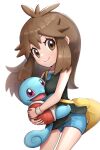  1girl bag brown_eyes brown_hair closed_mouth gonzarez highres leaf_(pokemon) long_hair messenger_bag open_mouth pokemon pokemon_(creature) pokemon_(game) pokemon_frlg shoulder_bag simple_background smile squirtle white_background yellow_bag 