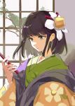  1girl commentary_request floral_print flower green_kimono hair_flower hair_ornament hieda_no_akyuu highres holding holding_pen indoors its8b japanese_clothes kimono layered_clothes layered_kimono long_sleeves pen purple_hair purple_kimono solo touhou upper_body violet_eyes white_flower wide_sleeves window yellow_kimono 