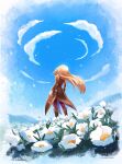  1girl bare_shoulders blue_sky boots brown_hair clouds cloudy_sky detached_sleeves dress field flower flower_field from_behind full_body gloves highres lilblueorchid long_hair outdoors pantyhose petals sky sleeveless sleeveless_dress solo tales_of_(series) tales_of_the_abyss tear_grants white_flower white_gloves white_petals 