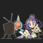  1girl acerola_(pokemon) blacknirrow closed_mouth colored_eyelashes electricity english_commentary frown furrowed_brow grey_background grey_eyes hug medium_hair mimikyu outline pokemon pokemon_(creature) pokemon_(game) pokemon_sm purple_hair purple_pupils rotom rotom_(normal) sandals short_sleeves sitting television topknot torn_clothes torn_sleeves white_outline 