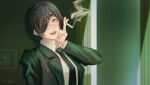  1girl black_hair black_jacket black_necktie breasts chainsaw_man cigarette collared_shirt dark_background eyepatch formal green_eyes green_theme highres himeno_(chainsaw_man) holding holding_cigarette jacket looking_at_viewer medium_breasts necktie picture_frame shirt short_hair smile smoke solo suit taestymaee white_shirt 