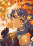  1girl autumn_leaves bangs bare_shoulders bell black_gloves blue_hair breasts detached_sleeves ganyu_(genshin_impact) genshin_impact gloves highres holding holding_leaf horns kiriko_(onigiri21) leaf light_smile long_hair looking_at_viewer medium_breasts neck_bell sidelocks solo upper_body violet_eyes 