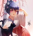  1girl animal_ears black_cat blue_archive cat cat_ears cat_tail flower hair_flower hair_ornament hand_up happyongdal highres japanese_clothes long_hair miko official_alternate_costume open_mouth ponytail red_eyes serika_(blue_archive) serika_(new_year)_(blue_archive) short_sleeves tail wide_sleeves 